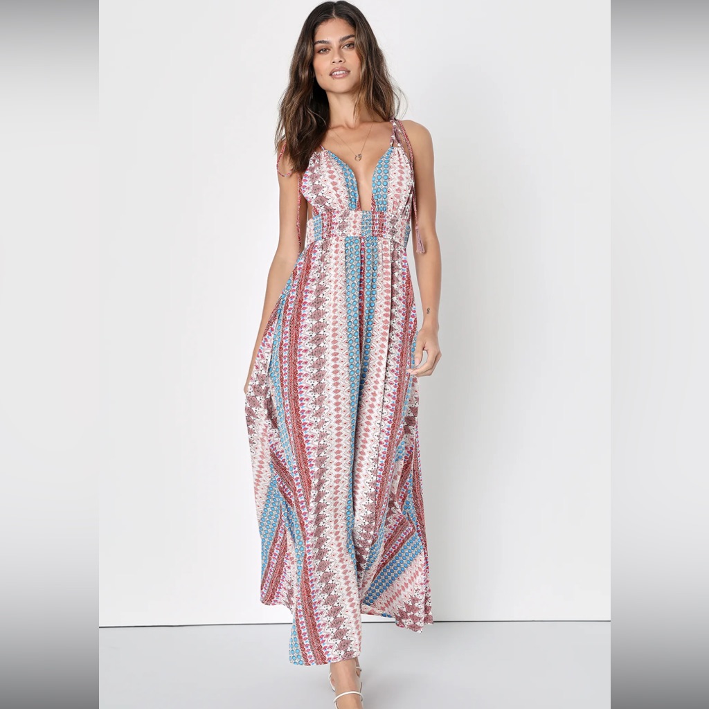 Lulus Maxin’ Relaxin’ Blue Multi Print Tie-Strap Maxi Dress Xs